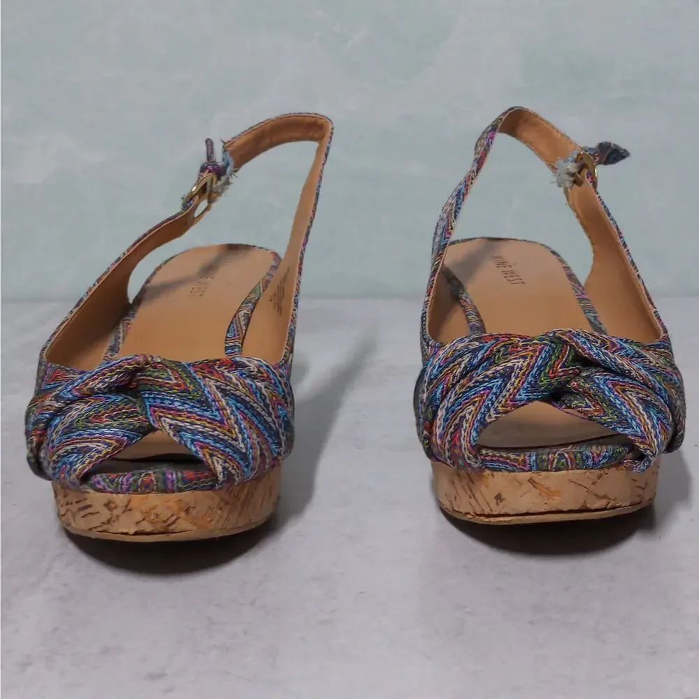 Nine West Abbeol 1 Wedges Multicolor Woven Slingback Knotted Peep Toe - Size 7M